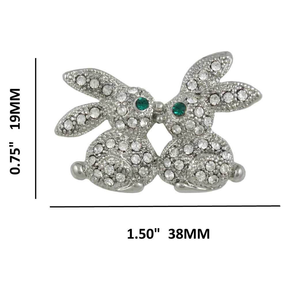 Crystal Kissing Easter Bunnies Brooch Pin in Silver showing measurements - Lilylin Designs