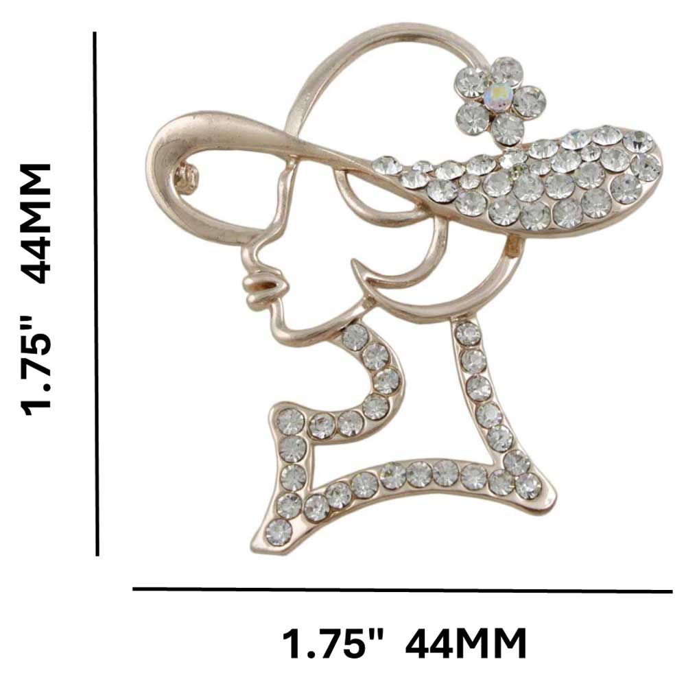 Lady with Crystal Hat Brooch Pin in Rose Gold with measurements - Lilylin Designs