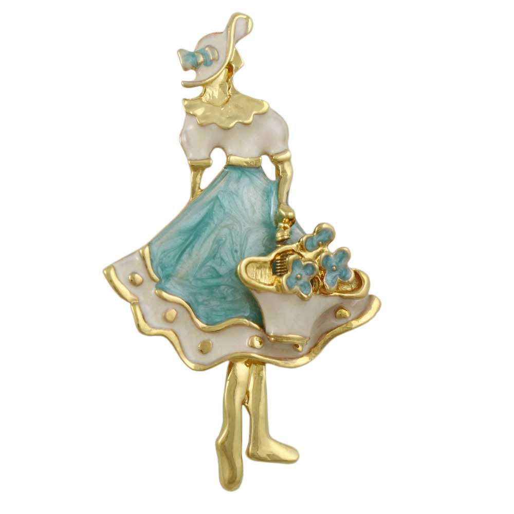 Gold and Enamel Lady with Flower Basket Brooch Pin - Lilylin Designs