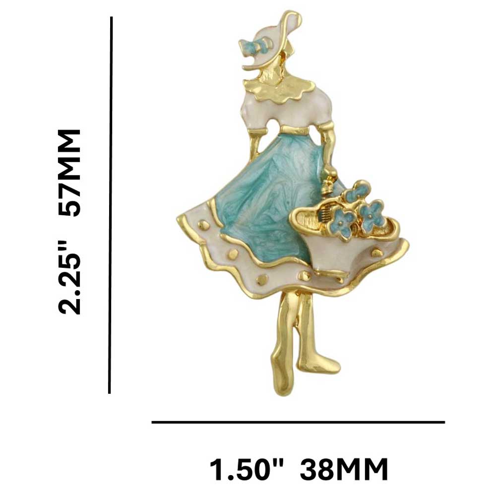 Gold and Enamel Lady with Flower Basket Brooch Pin shown with measurements - Lilylin Designs