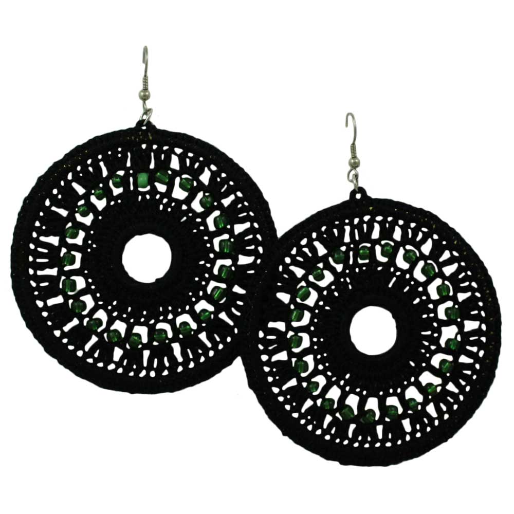 Large Black Crochet Circle with Green Beads Pierced Earring - STXE12 - Lilylin Designs