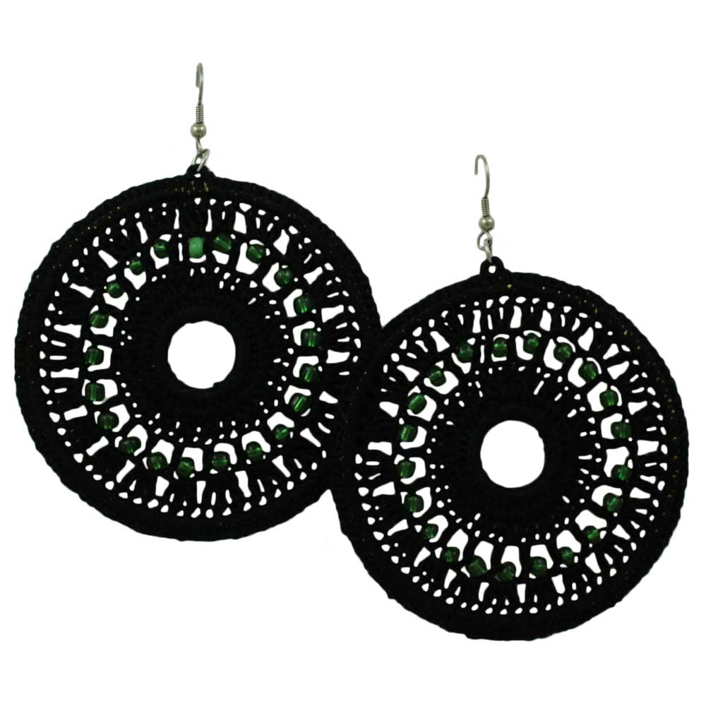 Large Black Crochet Circle with Green Beads Pierced Earring - STXE12