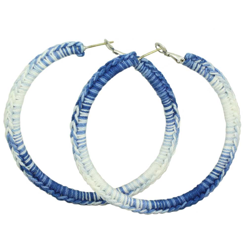 Large Blue and White Hoop Crochet Pierced Earring - STXE03 - Lilylin Designs