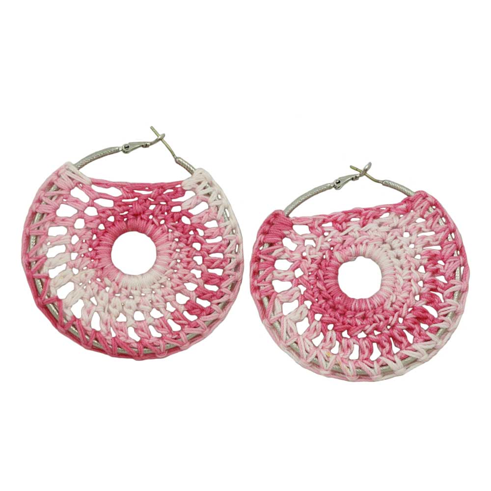 Large Pink and White Hoop with Crochet Center Pierced Earring - STXE05 - Lilylin Designs