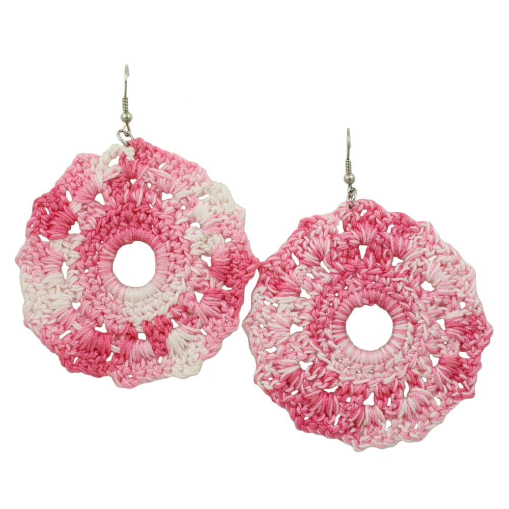 Large Pink and White Crochet Flower Dangling Pierced Earring - STXE02 - Lilylin Designs