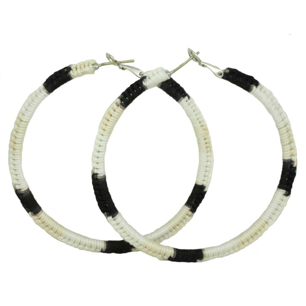 Large Black, White, Tan Crochet Hoop Pierced Earring - STXE18 - Lilylin Designs