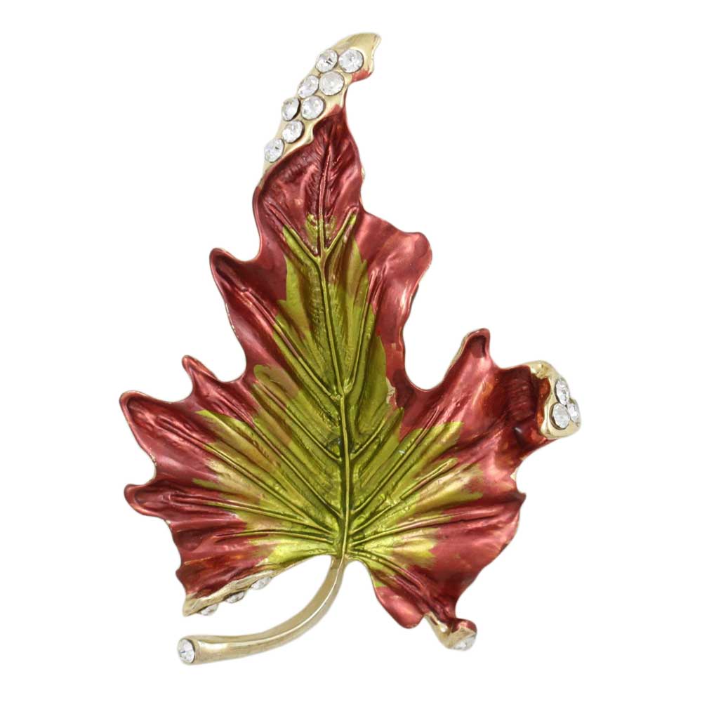 Brown and Green Enamel and Crystal Leaf Brooch Pin - Lilylin Designs