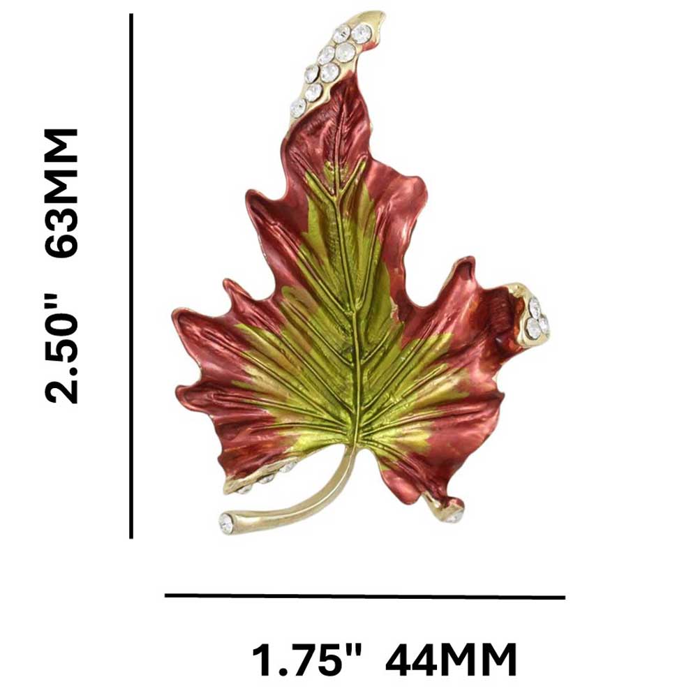 Brown and Green Enamel and Crystal Leaf Brooch Pin with measurements - Lilylin Designs