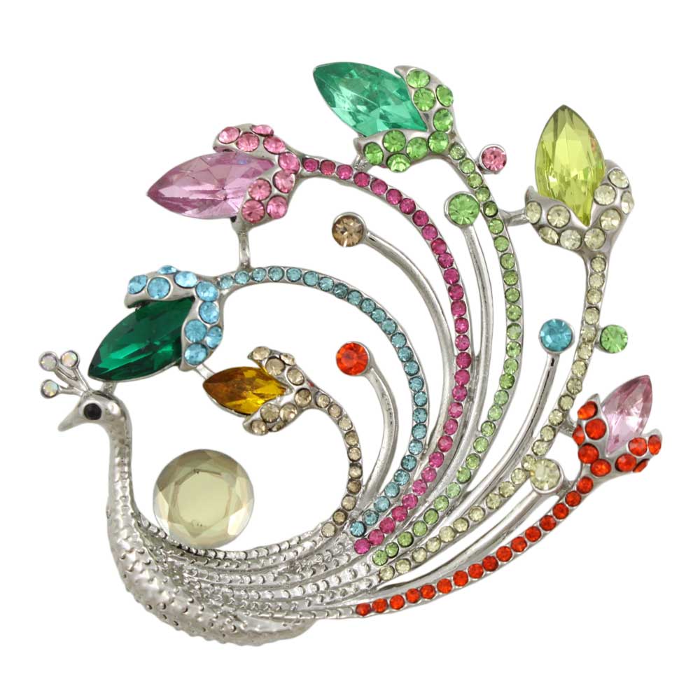 Large Peacock with Pastel Crystals Brooch Pin - Lilylin Designs