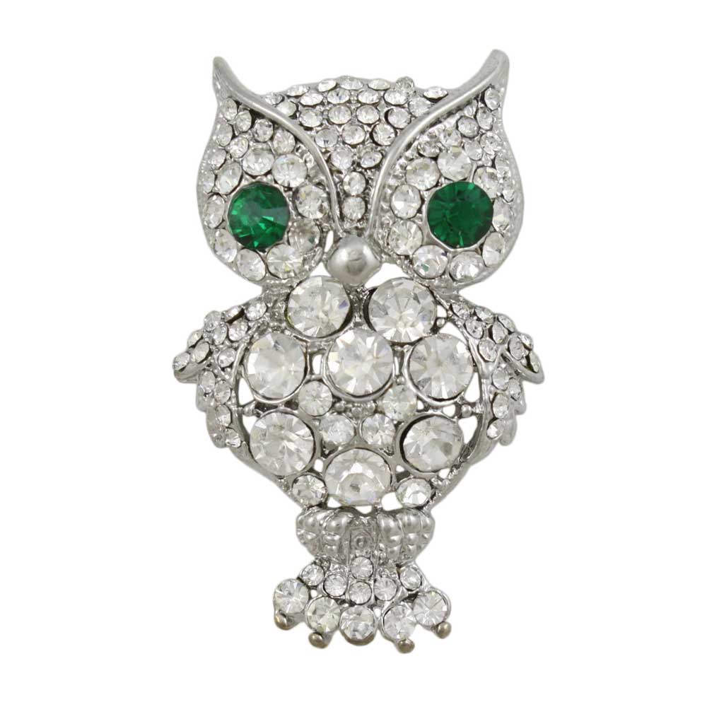 Large Crystal Owl Brooch Pin with Green Crystal Eyes - Lilylin Designs