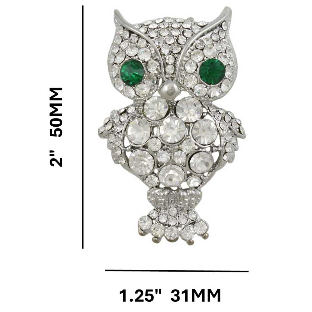 Large Crystal Owl Brooch Pin with Green Crystal Eyes shown with measurements - Lilylin Designs