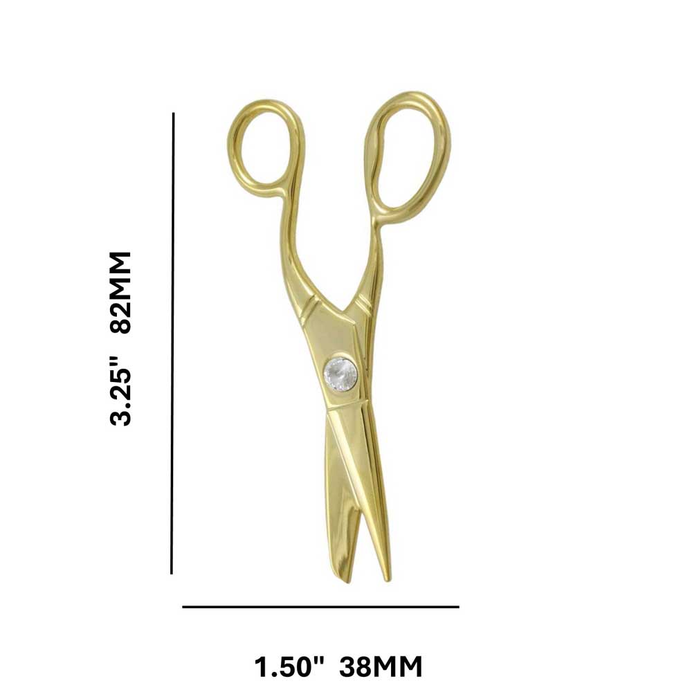 Large Gold Scissors with Crystal Brooch Pin shown with measurements - Lilylin Designs