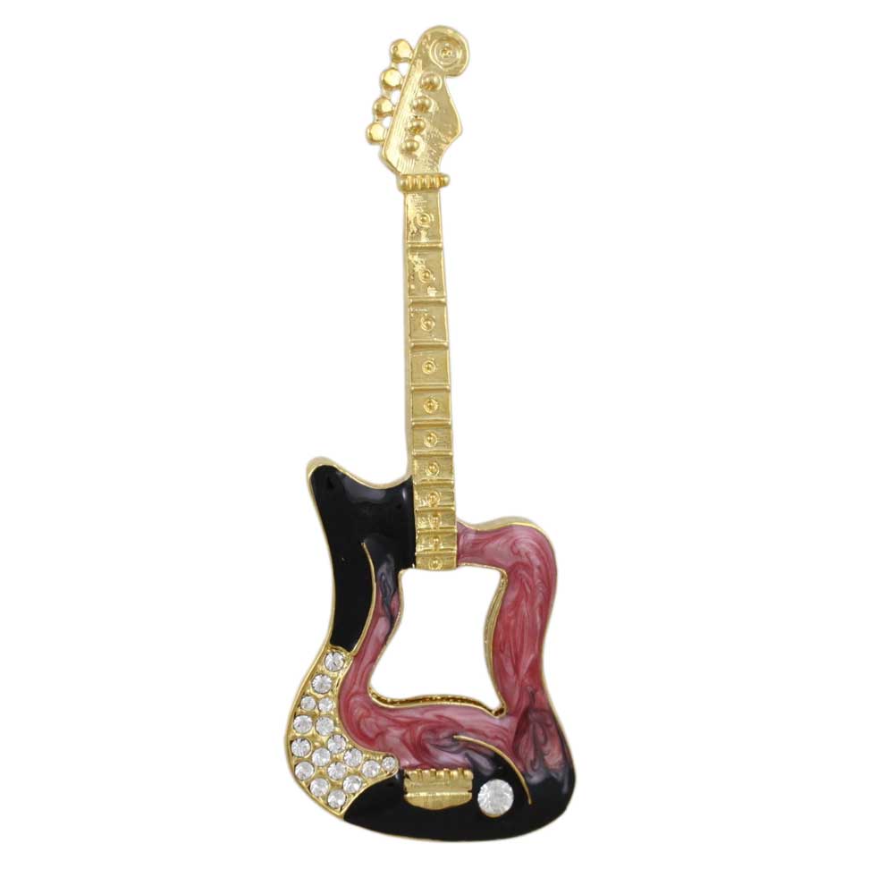 Large Pink and Black Enamel and Crystal Guitar Brooch Pin - Lilylin Designs