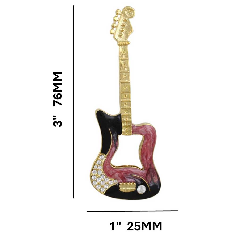 Large Pink and Black Enamel and Crystal Guitar Brooch Pin shown with measurements - Lilylin Designs