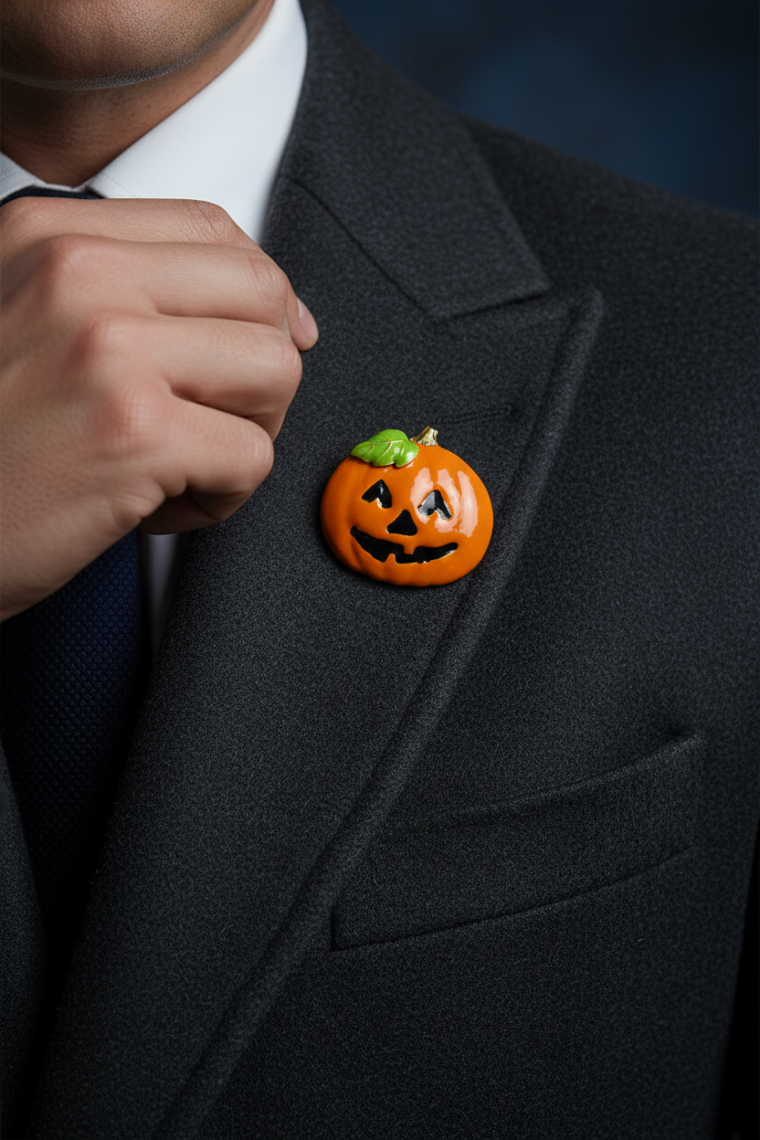 A close-up of a person wearing a black suit jacket, white dress shirt, and blue tie, with a large orange jack-o'-lantern pin or brooch on the lapel - Lilylin Designs