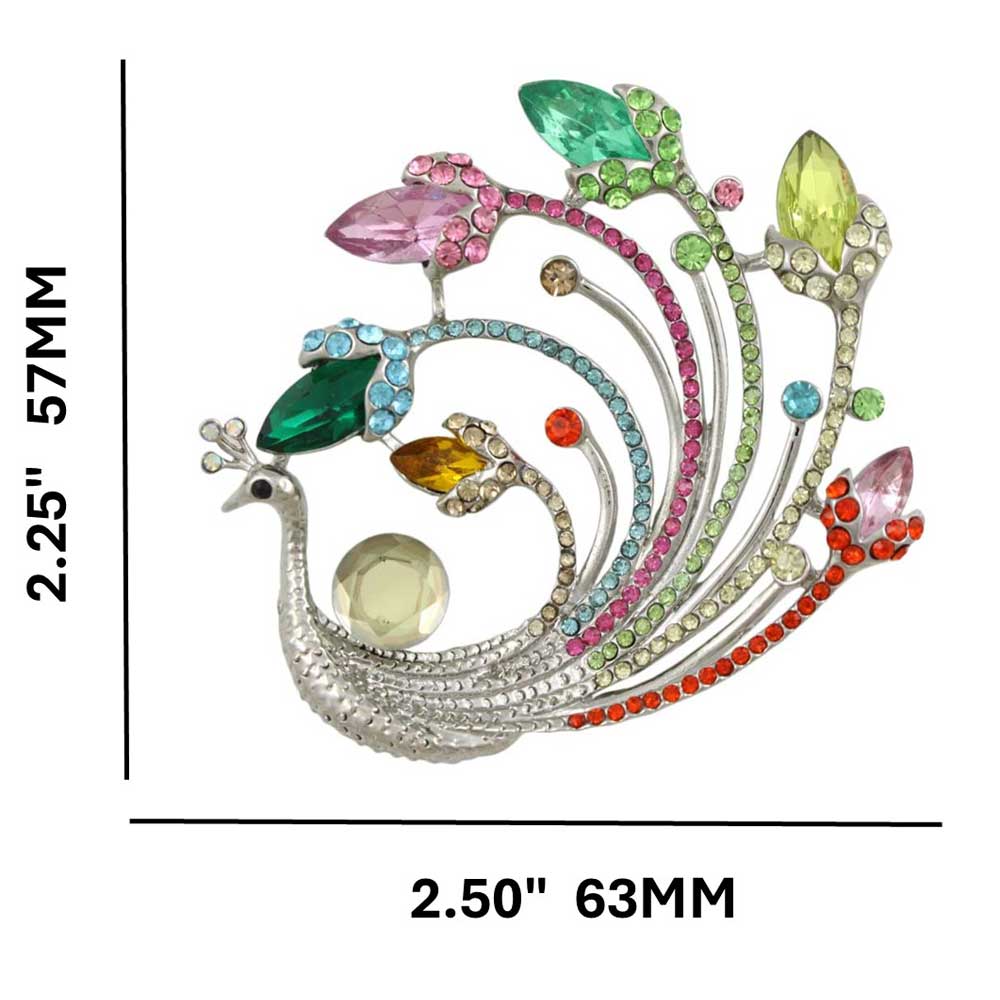 Large Peacock with Pastel Crystals Brooch Pin shown with measurements - Lilylin Designs