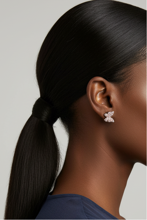 Model wearing Lavender Seed Pearls Butterfly Pierced Earring - Lilylin Designs