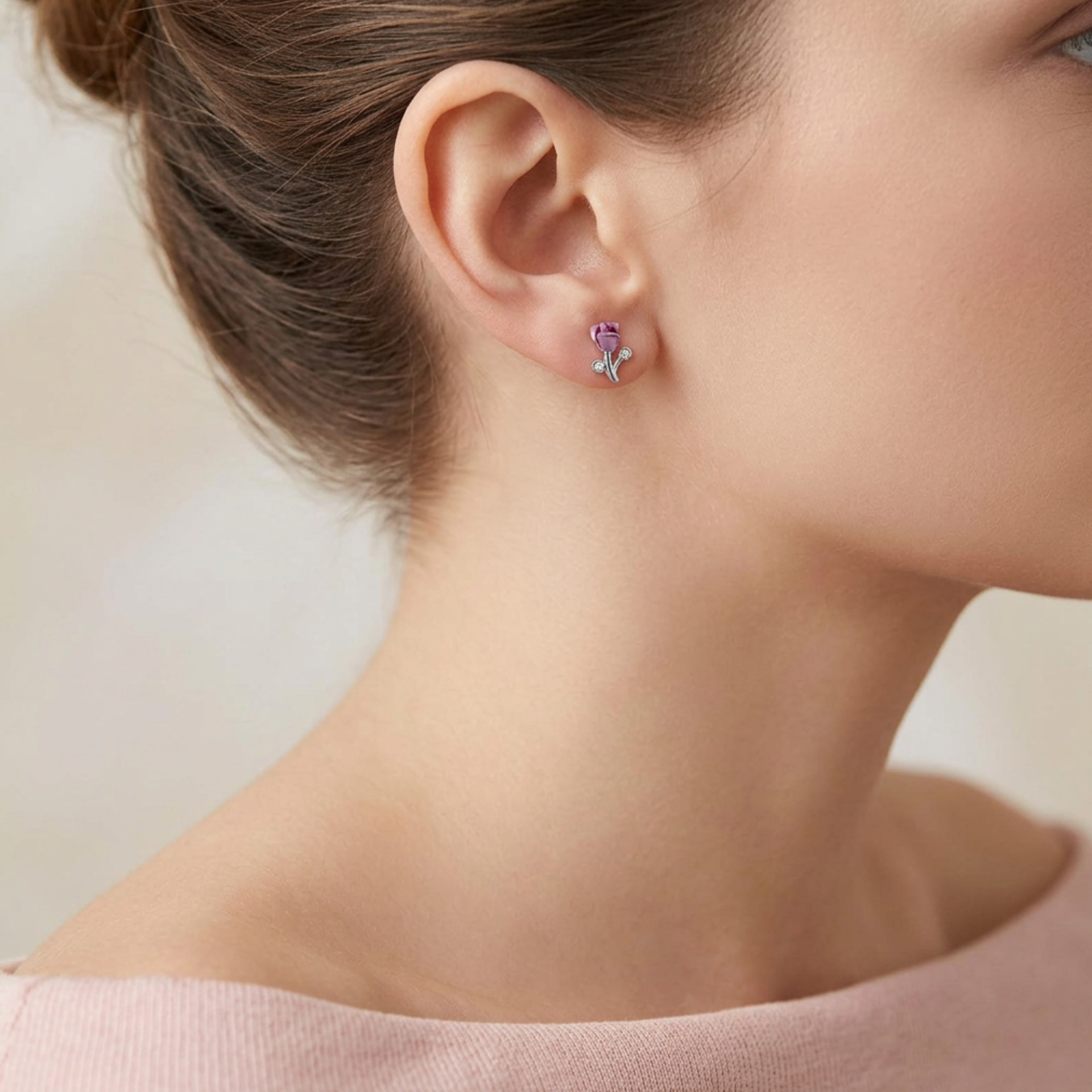 Model wearing Lavender Rose Bud with Crystal Pierced Earring - Lilylin Designs