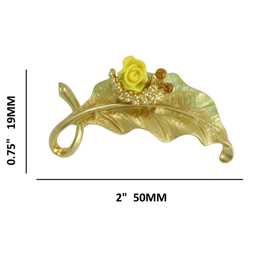 Leaf with Yellow Rose and Crystal Snail Brooch Pin with measurements - Lilylin Designs