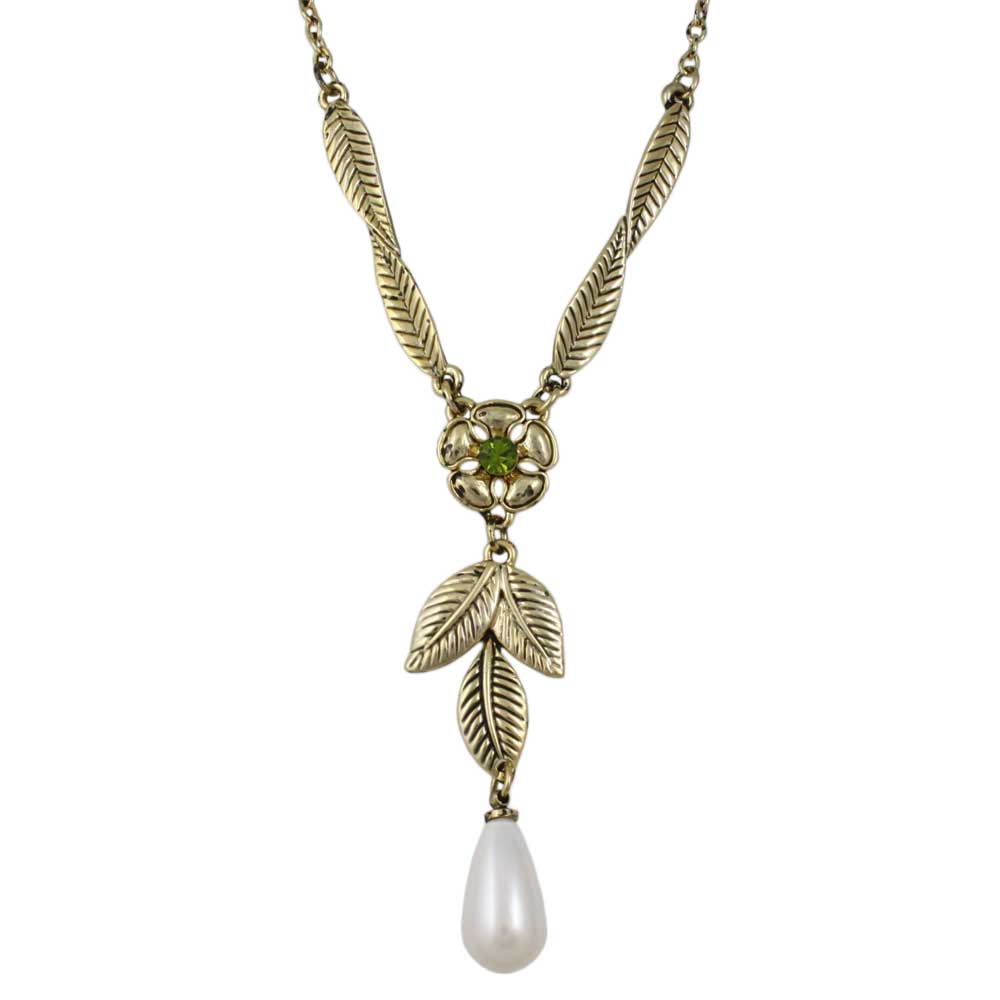 Gold Flower and Leaves with Dangling Pearl Necklace - Lilylin Designs