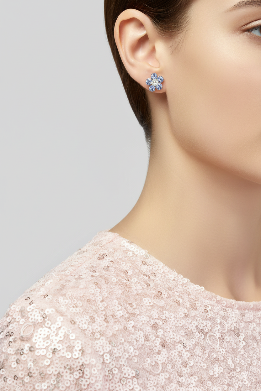 Model wearing Light Blue Crystal Daisy Stud Pierced Earring - Lilylin Designs