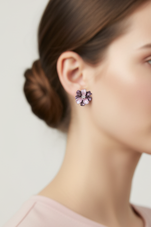 Model wearing light and dark purple flower earring  -Lilylin Designs