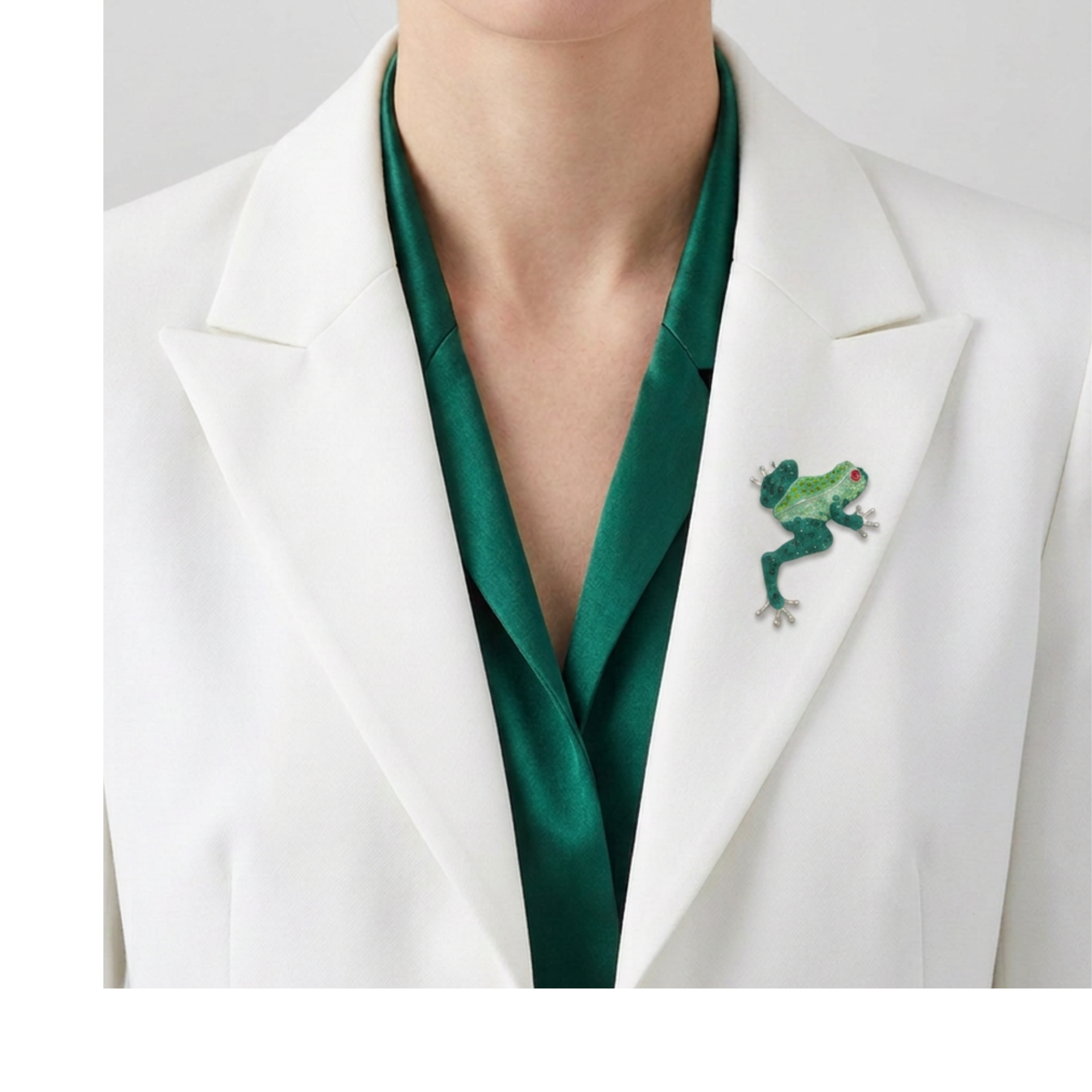 Dark and Light Green Enamel and Crystal Frog Brooch Pin on model - Lilylin Designs