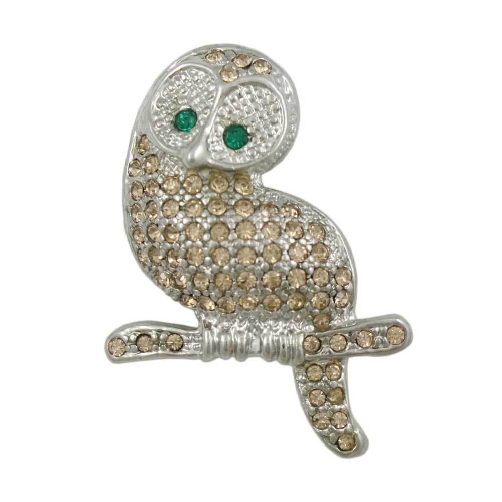 Light Brown Crystal Owl with Green Eyes Pin - Lilylin Designs