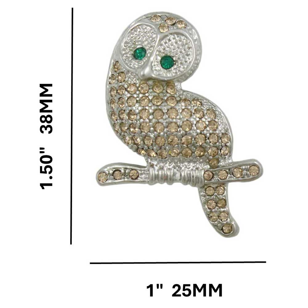 Light Brown Crystal Owl with Green Eyes Pin shown with measurements - Lilylin Designs
