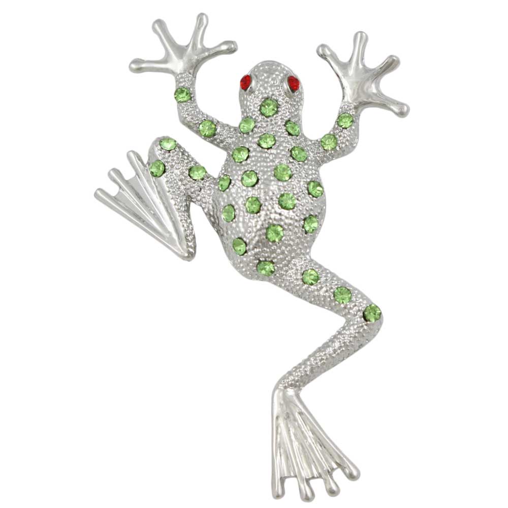 Light Green Crystal Leaping Frog with Red Eyes Brooch Pin - Lilylin Designs