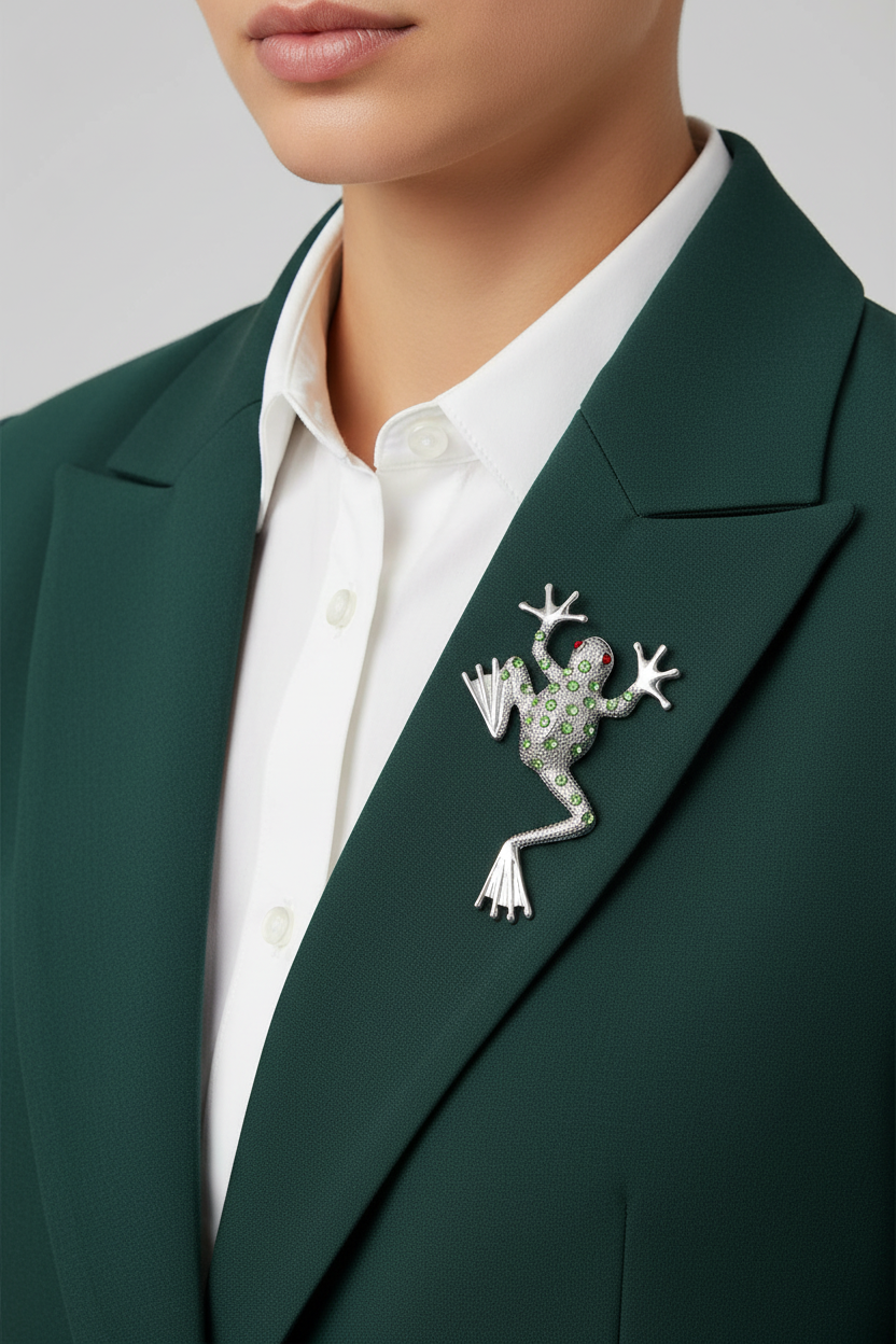 Model wearing silver frog with light green crystals pin on dark green jacket - Lilylin Designs