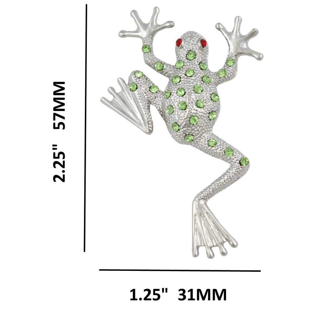 Light Green Crystal Leaping Frog with Red Eyes Brooch Pin shown with measurements - Lilylin Designs