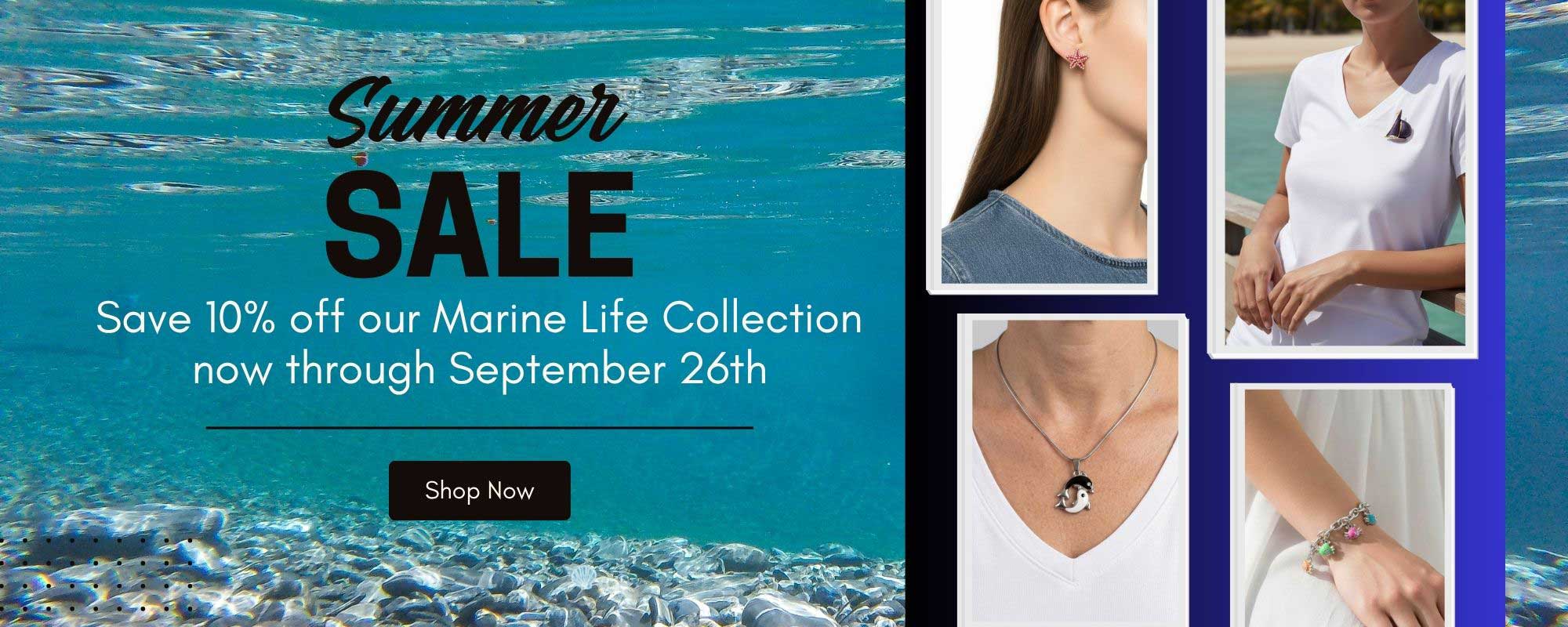 A promotional banner for a 'Summer Sale' featuring turquoise ocean water imagery on the left with text reading 'Save 10% off our Marine Life Collection now through September 26th' and a 'Shop Now' button, alongside four inset photos on the right showing jewelry worn by models.