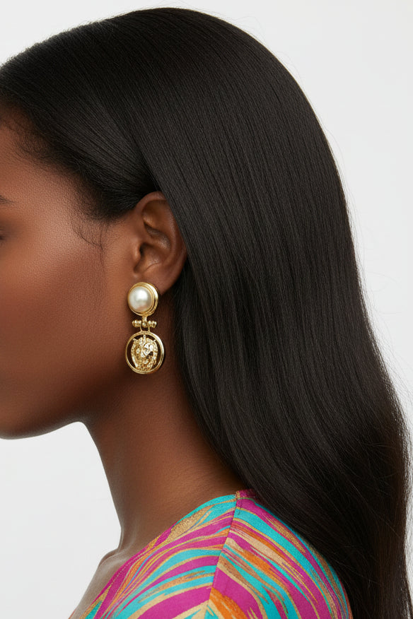 Model wearing large white pearl with lion head doorknocker earring - Lilylin Designs