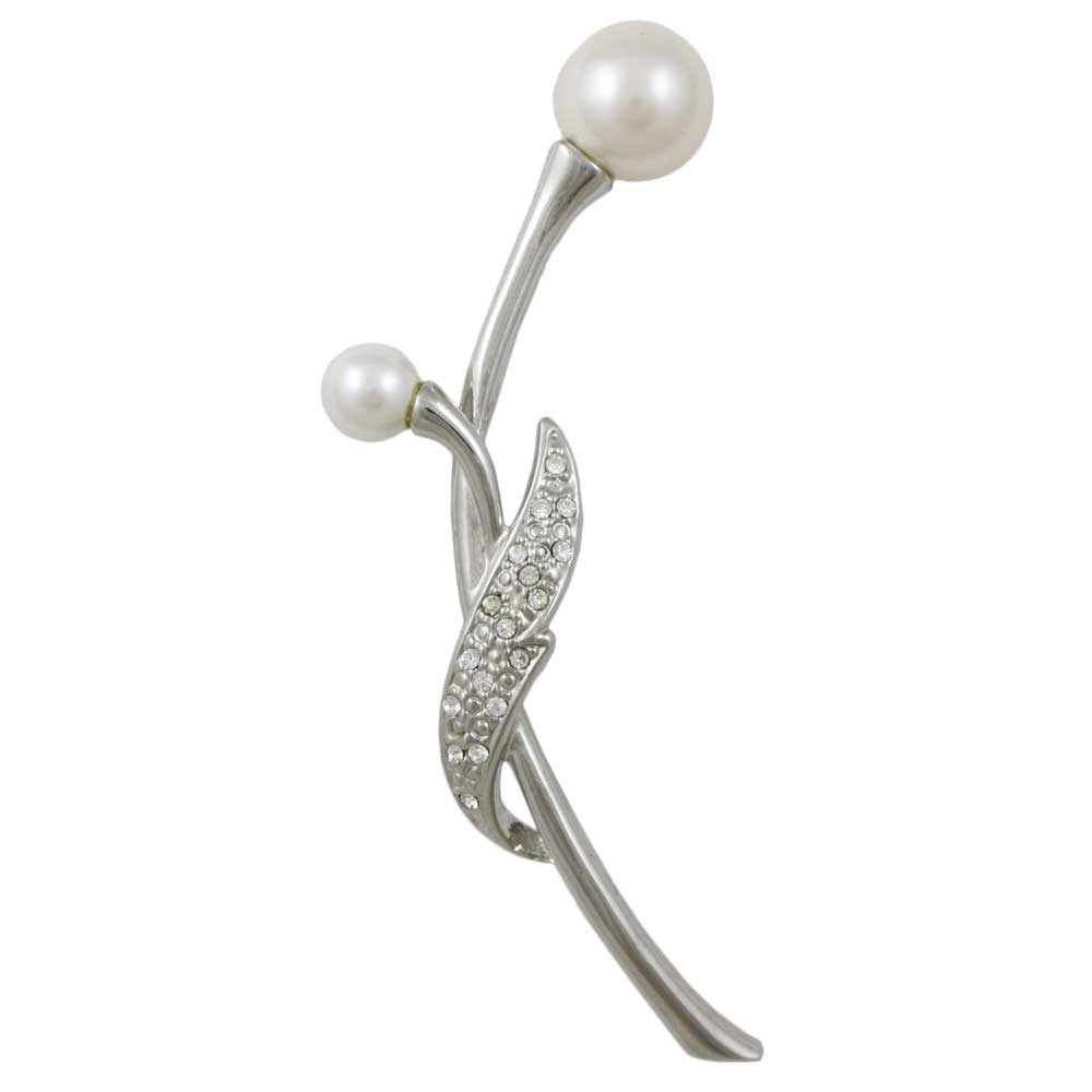 Long Silver Stem with Large White Pearl Buds Brooch Pin - Lilylin Designs