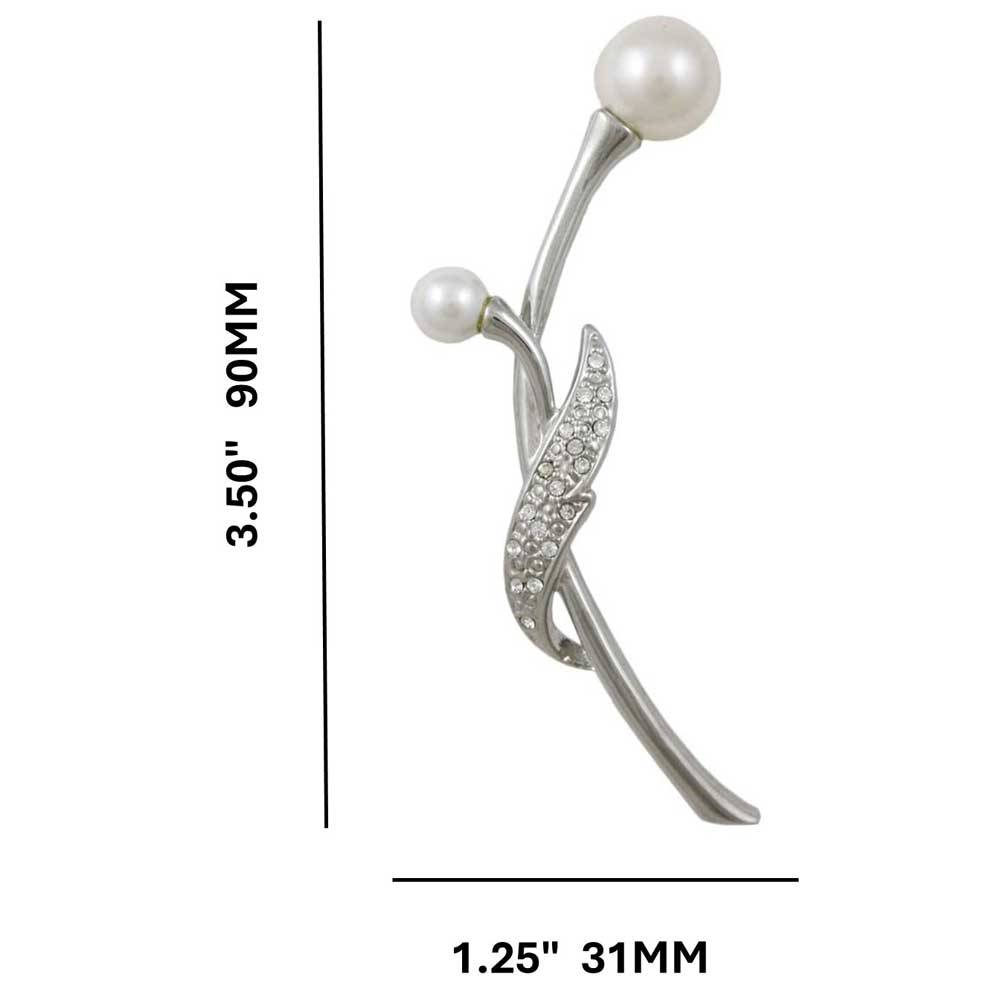Long Silver Stem with Large White Pearl Buds Brooch Pin with measurements - Lilylin Designs
