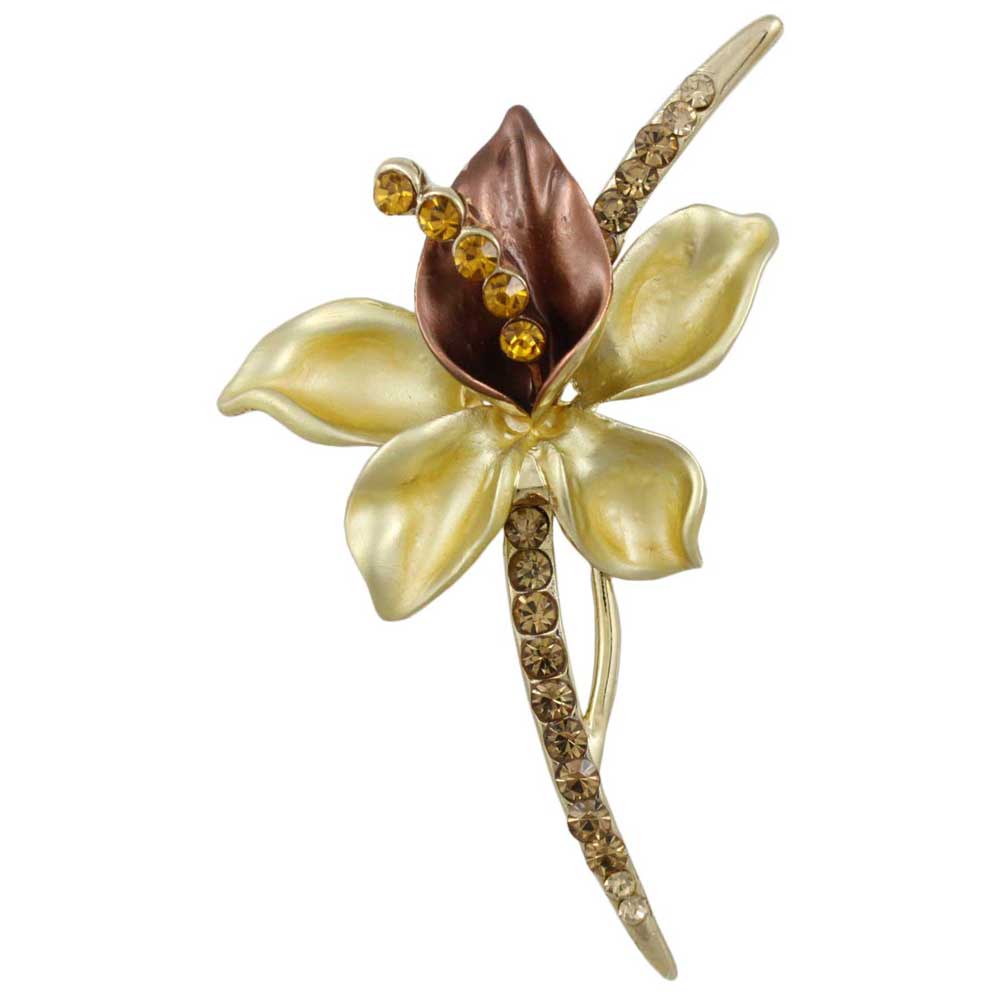 Brown and Gold Crystal Long Stem Flower Brooch Pin - Lilylin Designs