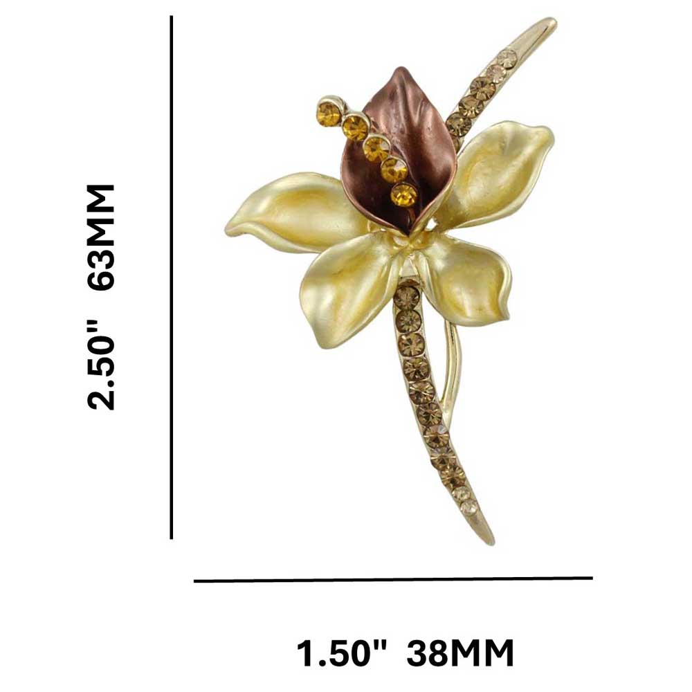 Brown and Gold Crystal Long Stem Flower Brooch Pin with measurements - Lilylin Designs
