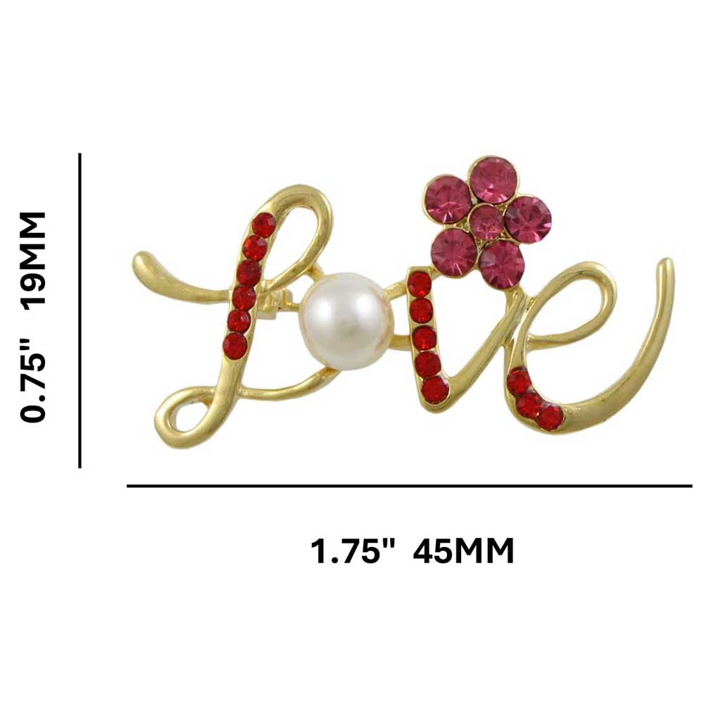 Red Crystal Love with Pearl and Crystal Daisy Brooch Pin with measurements - Lilylin Designs