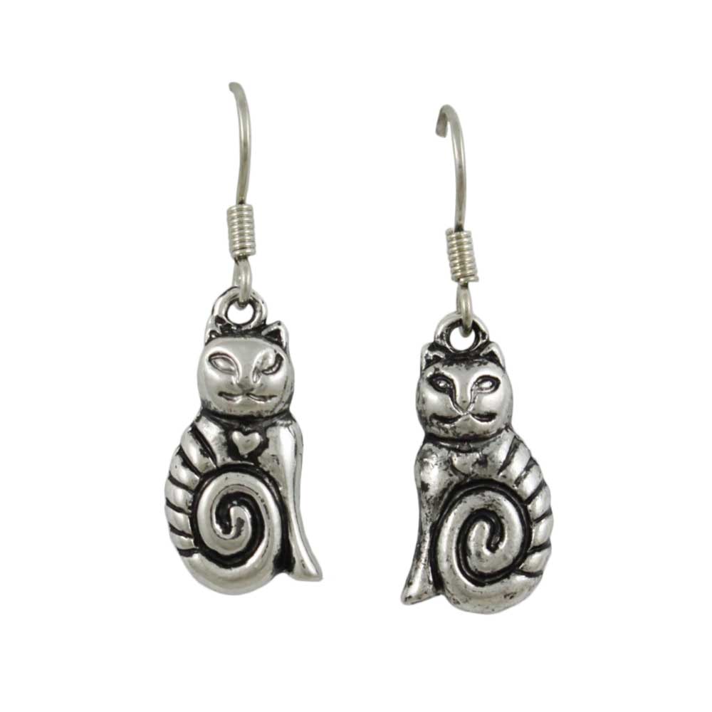 Antique Silver - tone Cat Dangling Pierced Earring - MEC140 - Lilylin Designs