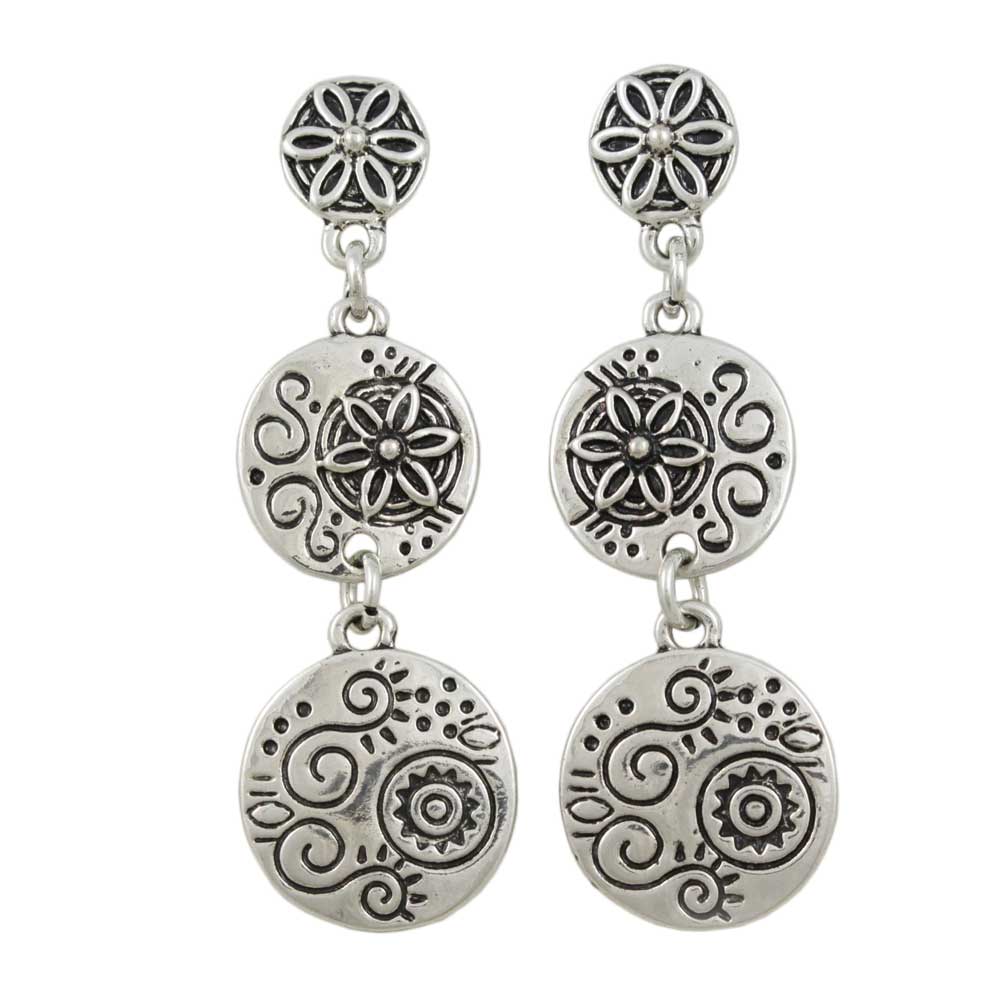 Trio of Dangling Floral Engraved Discs Pierced Earring - MEC153 - Lilylin Designs