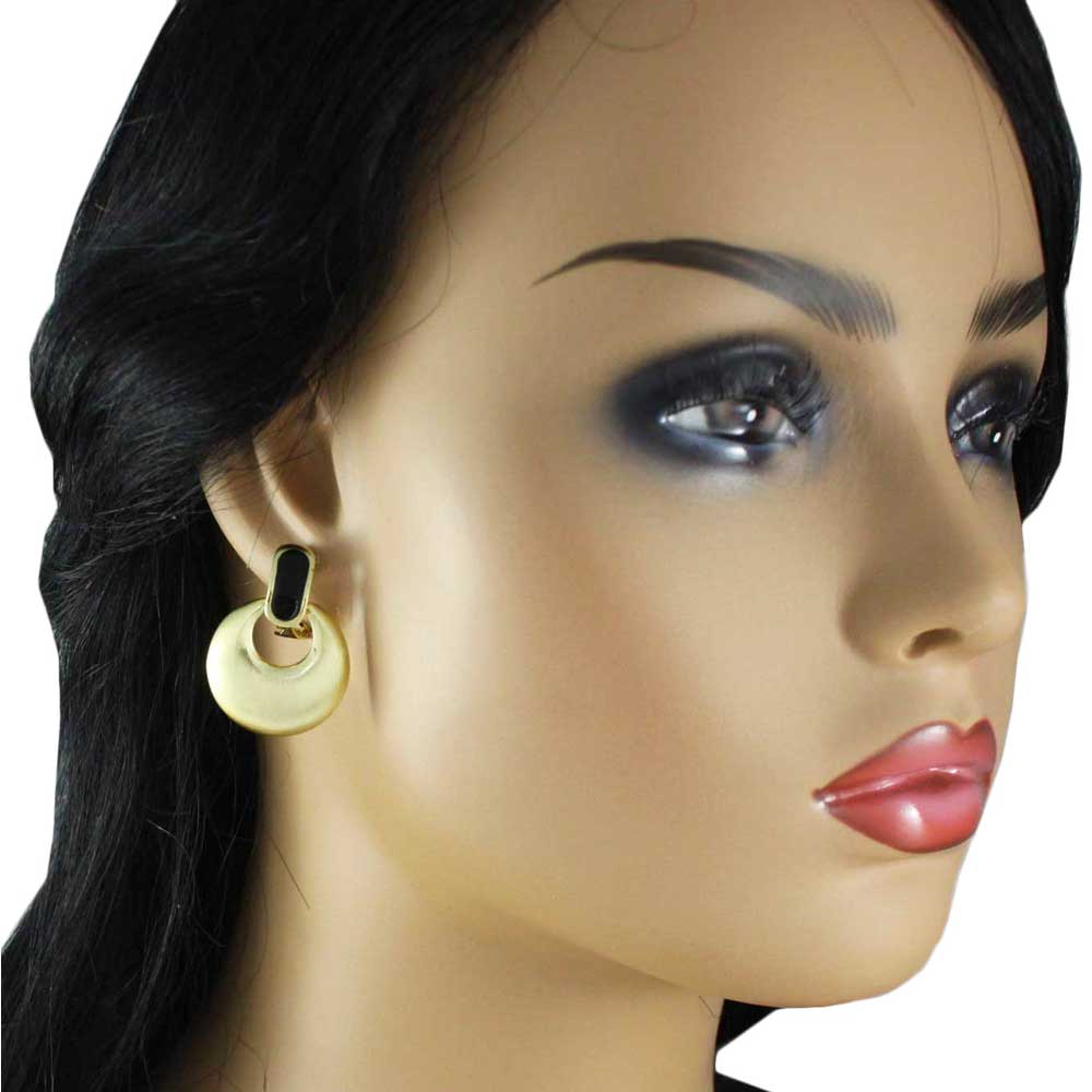 Brushed Gold with Black Enamel Doorknocker Clip Earring - MEC160BK - Lilylin Designs