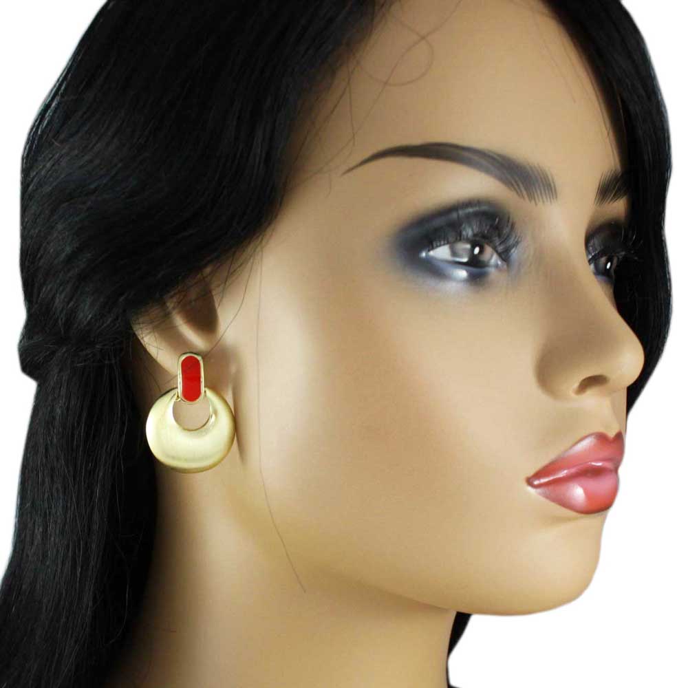 Brushed Gold with Red Enamel Doorknocker Clip Earring - MEC160RD - Lilylin Designs