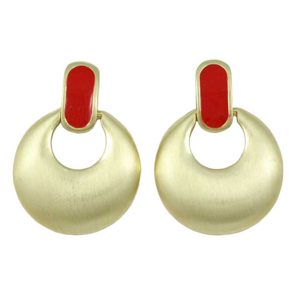 Brushed Gold with Red Enamel Doorknocker Clip Earring - MEC160RD - Lilylin Designs