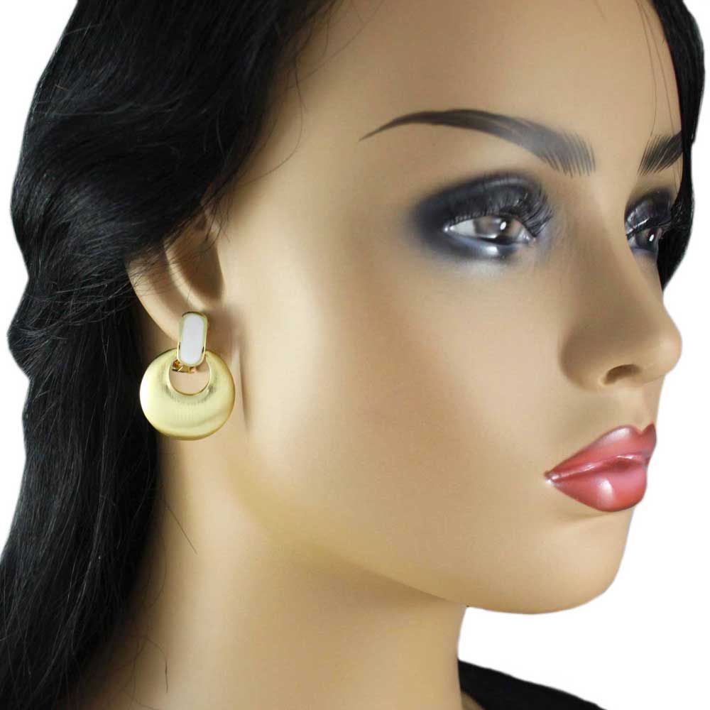 Brushed Gold with White Enamel Doorknocker Clip Earring - MEC160WT - Lilylin Designs