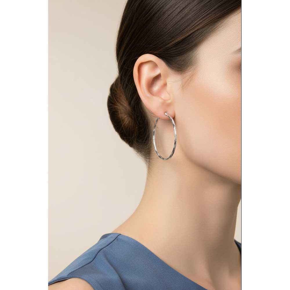 Silver-tone Diamond Cut Medium Hoop Pierced Earring - MEC401S