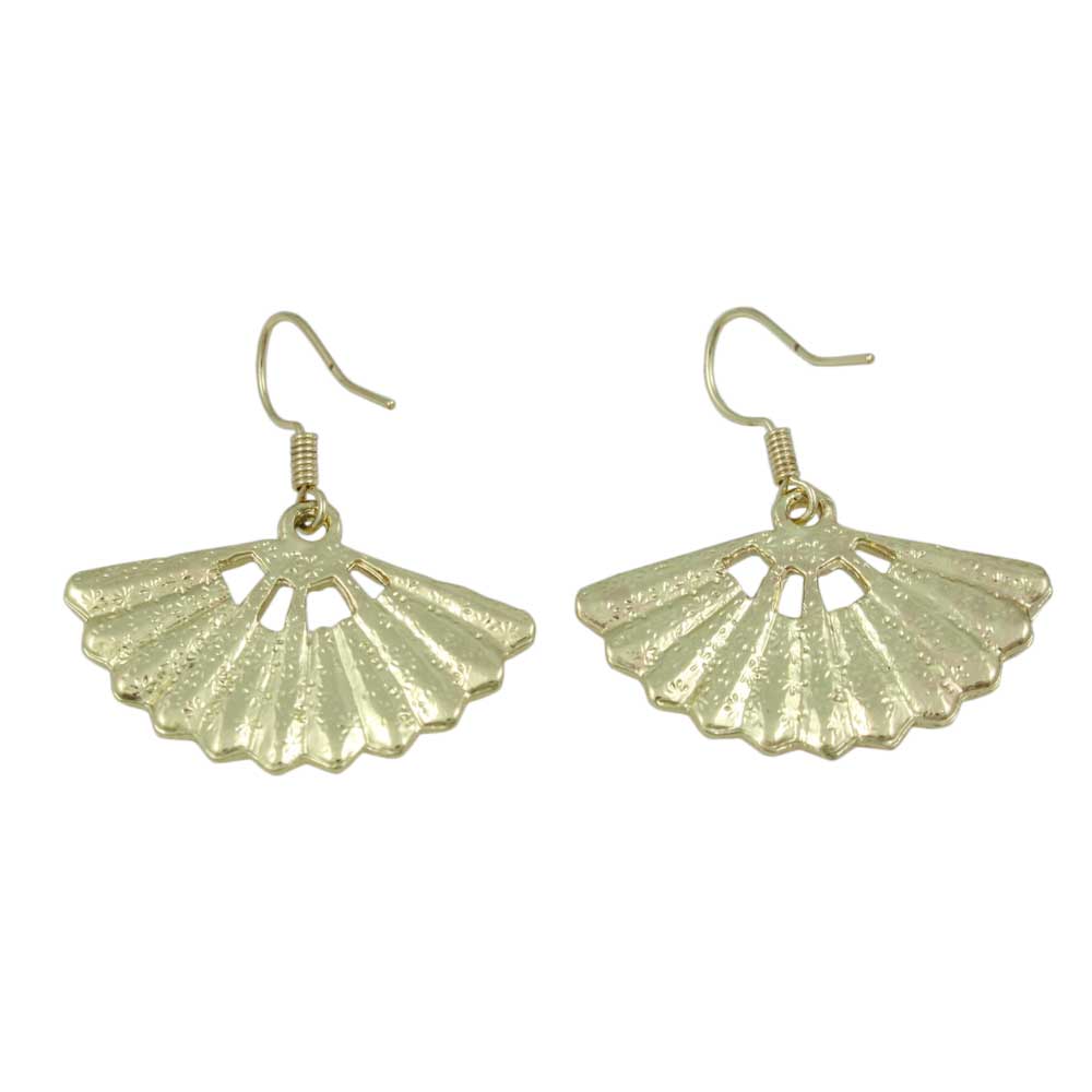 Gold Fan with Embossed Design Dangling Pierced Earring - MEC502 - Lilylin Designs