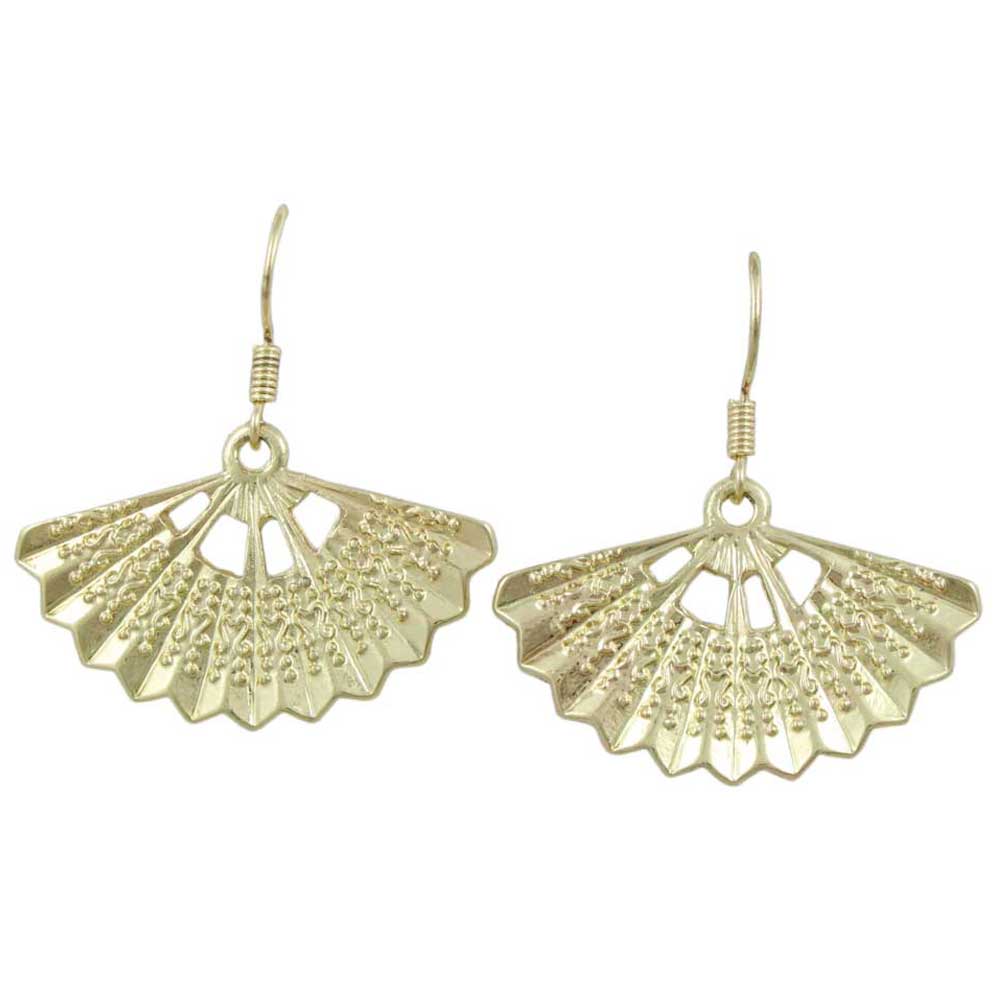 Gold Fan with Embossed Design Dangling Pierced Earring - MEC502 - Lilylin Designs