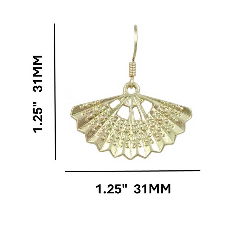 Gold Fan with Embossed Design Dangling Pierced Earring - MEC502 - Lilylin Designs