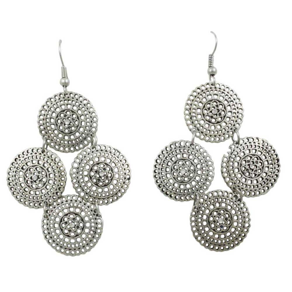 Silver Filigree Discs with Crystals Dangling Pierced Earring - MEC504 - Lilylin Designs